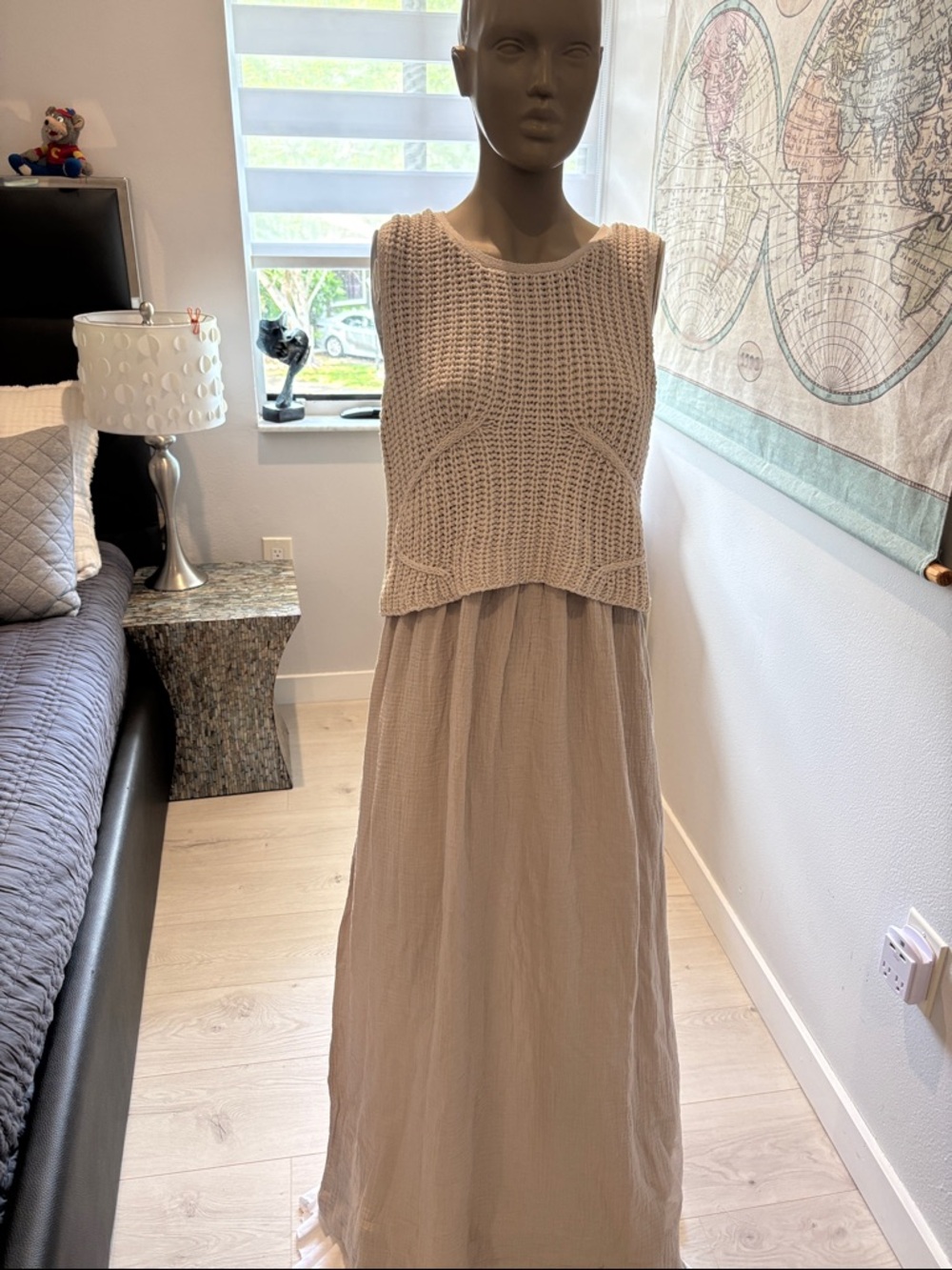 Sleeveless Cream Knit-Bodice Maxi Dress